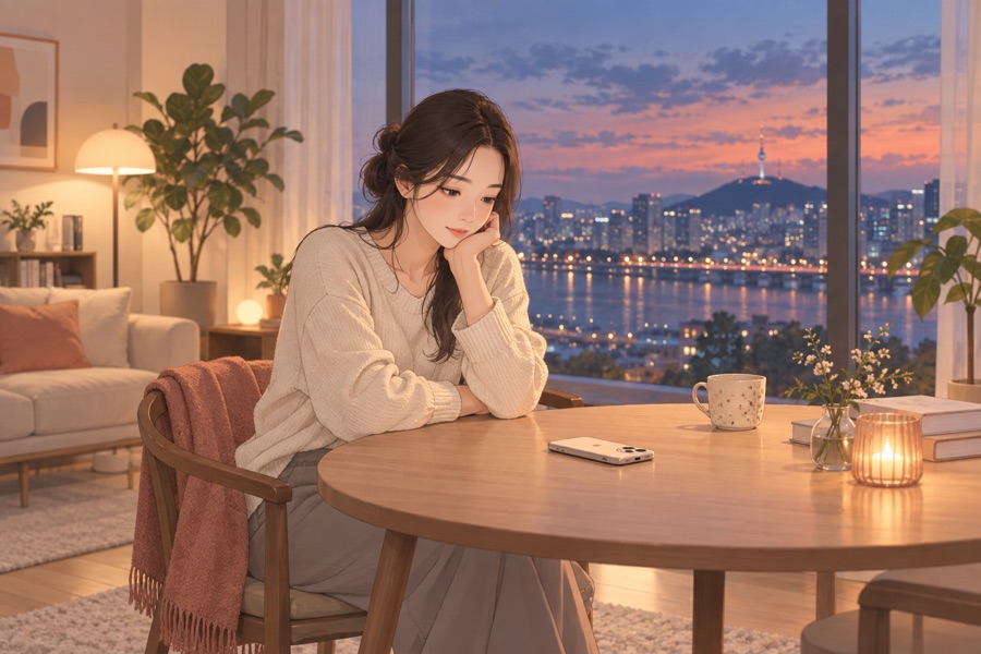창가에서 휴대폰을 내려놓은 저녁